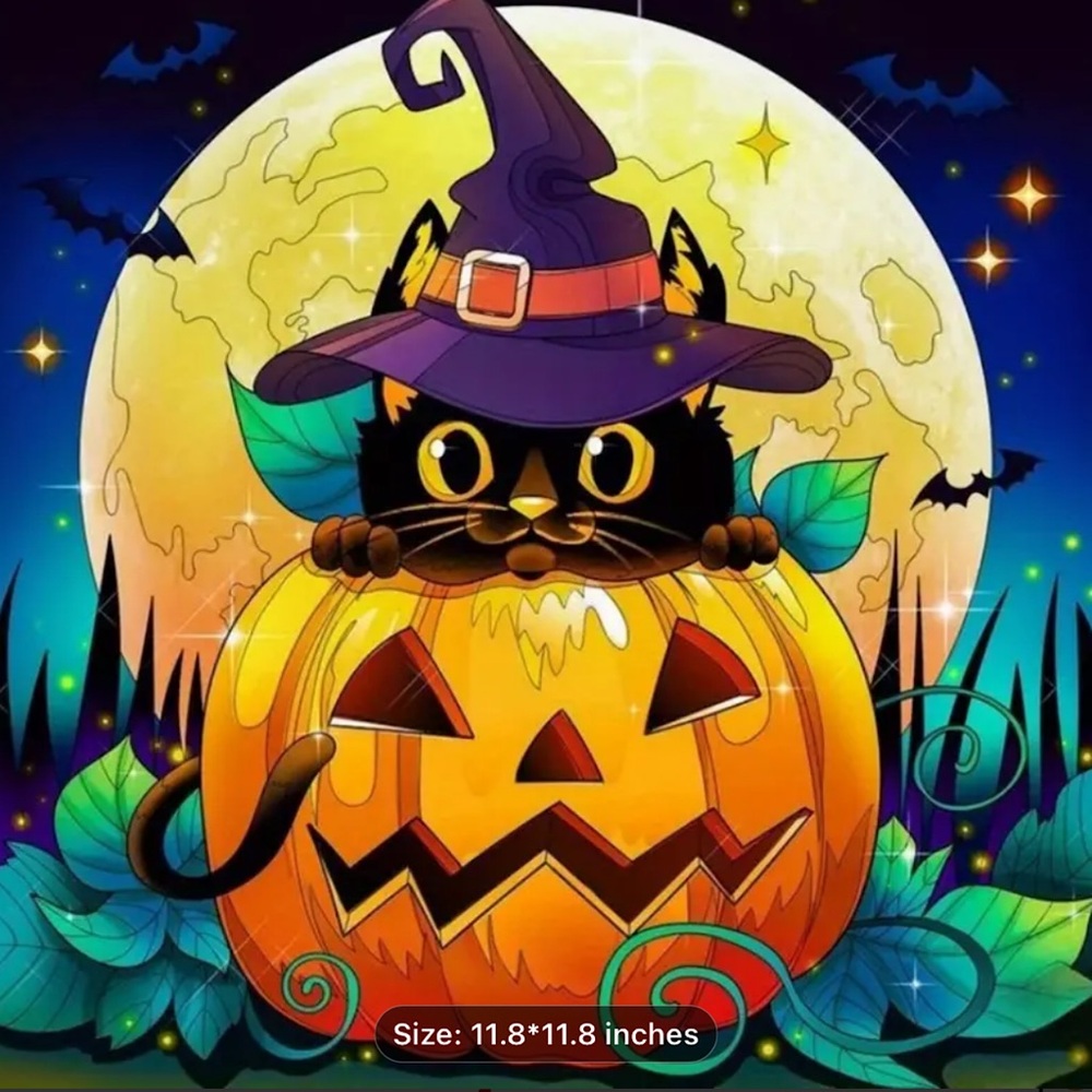 Halloween Black Cat Diamond Art 12x12 Pumpkin